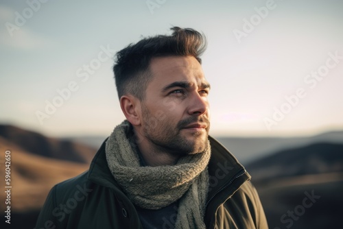 Handsome young man with beard looking away in the mountains.