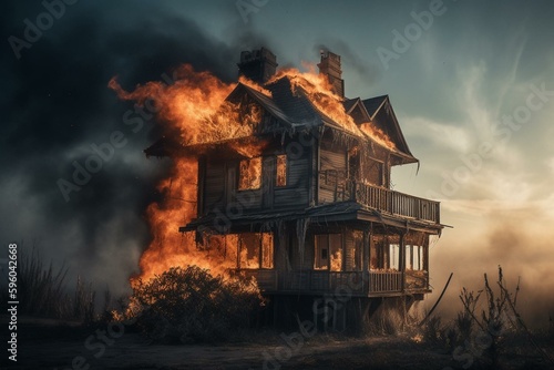 Surrealist artwork featuring burning house. Generative AI