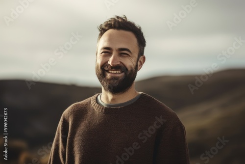 Portrait of a handsome young man with beard and moustache smiling at the camera outdoors in the mountains.