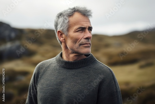 Portrait of thoughtful senior man standing in field on a cloudy day