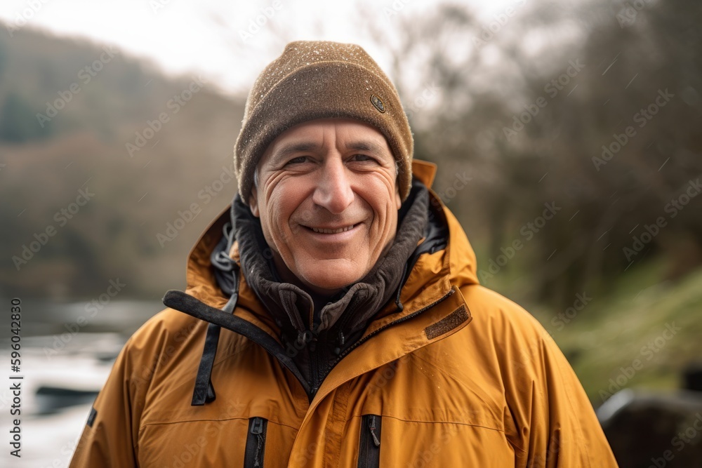 Portrait of a smiling senior man in a yellow jacket and hat standing by the river. Portrait of a smiling senior man in a yellow jacket and hat standing by the river.
