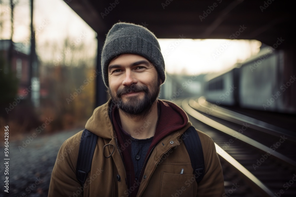 young handsome hipster man with beard and mustache at railway station waiting train, lifestyle people concept young handsome hipster man with beard and mustache at railway station waiting train, lifestyle people concept