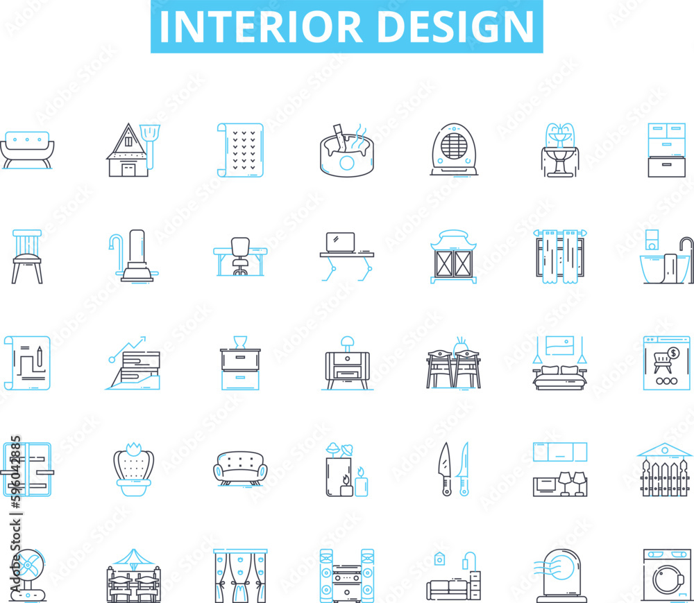 Interior design linear icons set. Aesthetics, Architecture, Color, Comfort, Contrast, Creativity, Decor line vector and concept signs. Design,Elegance,Ergonomic outline illustrations