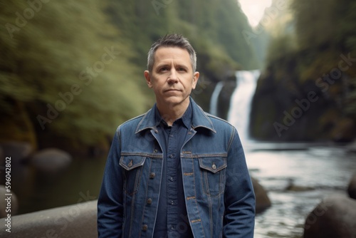 Handsome middle-aged man in jeans jacket standing by the waterfall. © Robert MEYNER