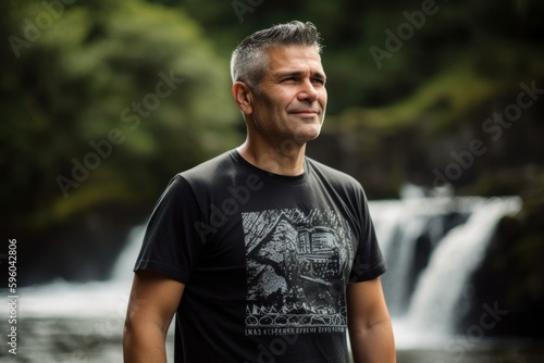 Portrait of a handsome man standing in front of a waterfall.