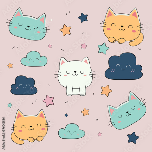 pattern of cute cats in the style of kawaii on a pink background