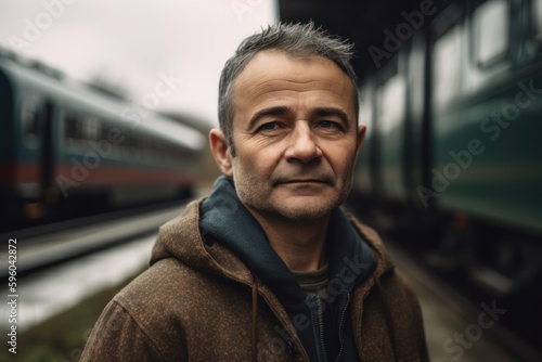 Portrait of a middle-aged man in a train station.