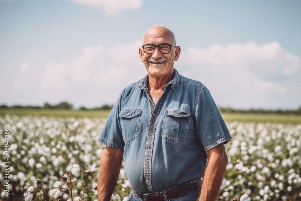 Portrait of senior man standing in cotton field, smiling and looking at camera. Portrait of senior man standing in cotton field, smiling and looking at camera.