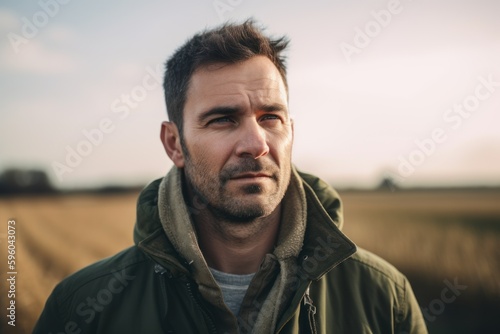 Portrait of a handsome man in a wheat field at sunset.