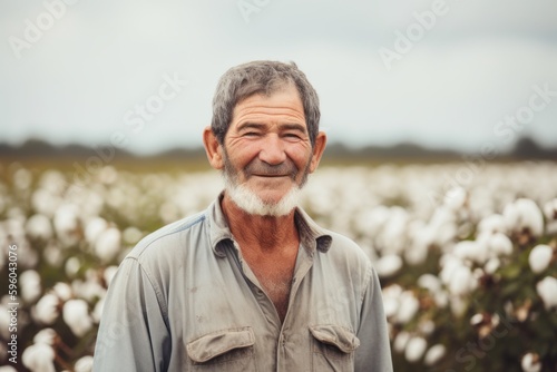 Portrait of happy senior man standing in cotton field and looking at camera