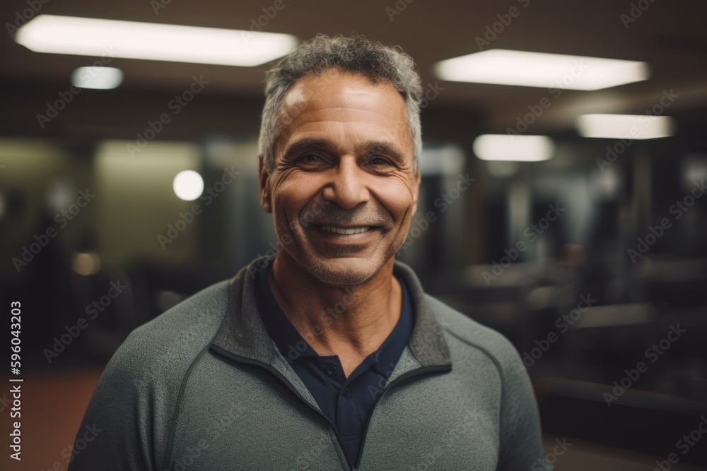 Portrait of mature man smiling at camera while standing in fitness center Portrait of mature man smiling at camera while standing in fitness center