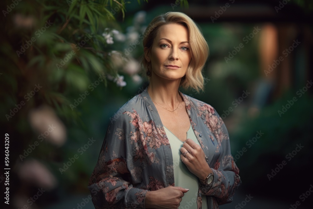 Beautiful mature woman standing in the garden. Portrait of a middle-aged woman. Beautiful mature woman standing in the garden. Portrait of a middle-aged woman.