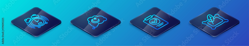 Set Isometric line Medical prescription, Alarm clock, Pillow and Dreams icon. Vector Set Isometric line Medical prescription, Alarm clock, Pillow and Dreams icon. Vector