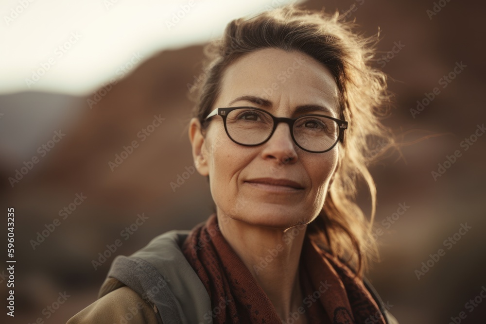 Close-up portrait photography of a satisfied woman in her 40s wearing a chic cardigan against a canyon or desert landscape background. Generative AI Close-up portrait photography of a satisfied woman in her 40s wearing a chic cardigan against a canyon or desert landscape background. Generative AI