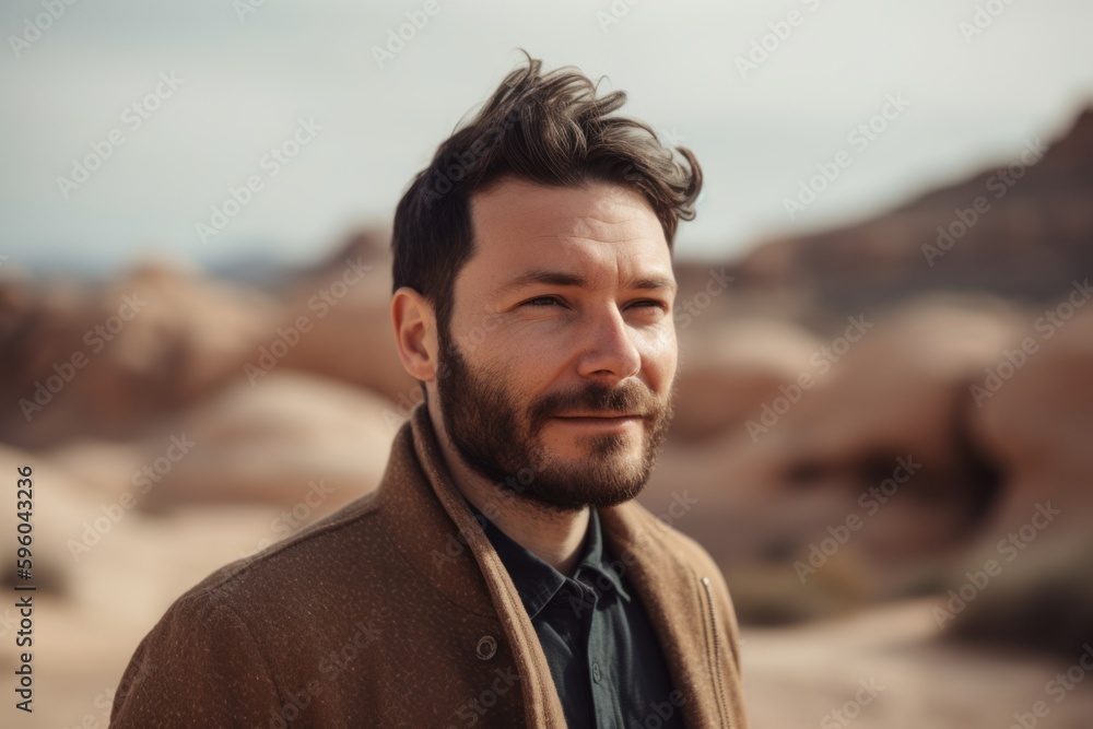 Handsome young man with beard and mustache, wearing brown coat, standing in the desert Handsome young man with beard and mustache, wearing brown coat, standing in the desert