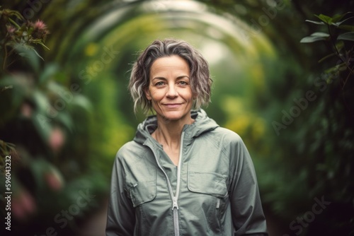 Portrait of a middle-aged woman in a green jacket outdoors