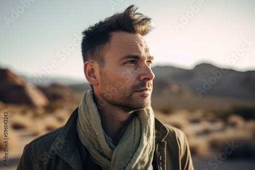 Close-up portrait photography of a pleased man in his 30s wearing a chic cardigan against a canyon or desert landscape background. Generative AI