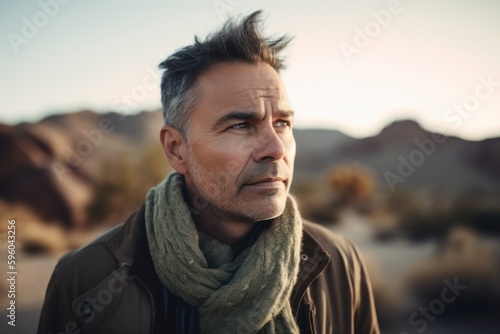 Medium shot portrait photography of a pleased man in his 40s wearing a cozy sweater against a canyon or desert landscape background. Generative AI