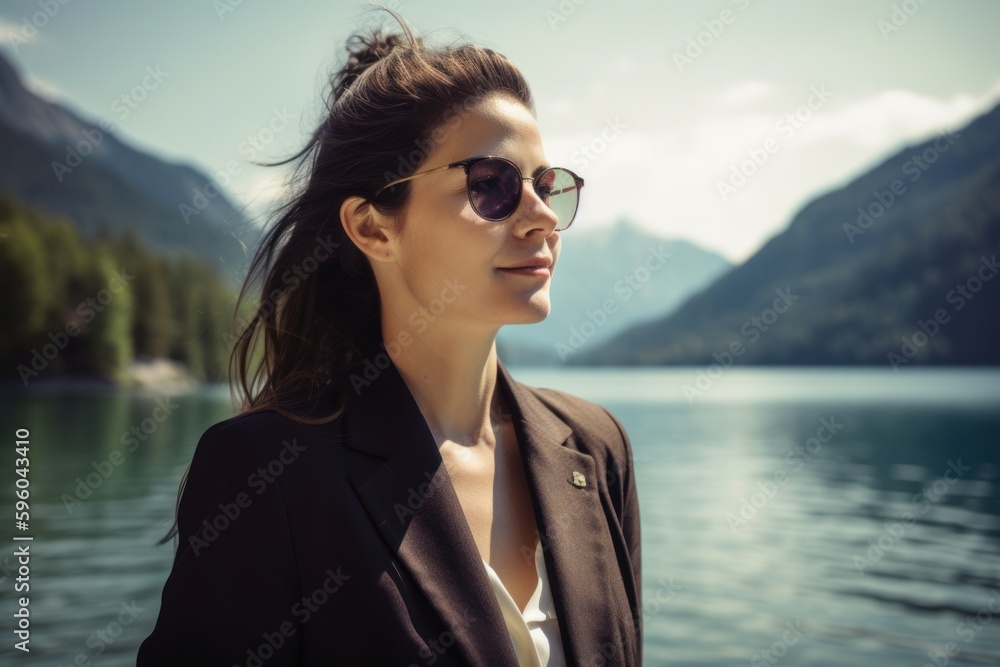 Portrait of a beautiful young woman in sunglasses on the background of a mountain lake