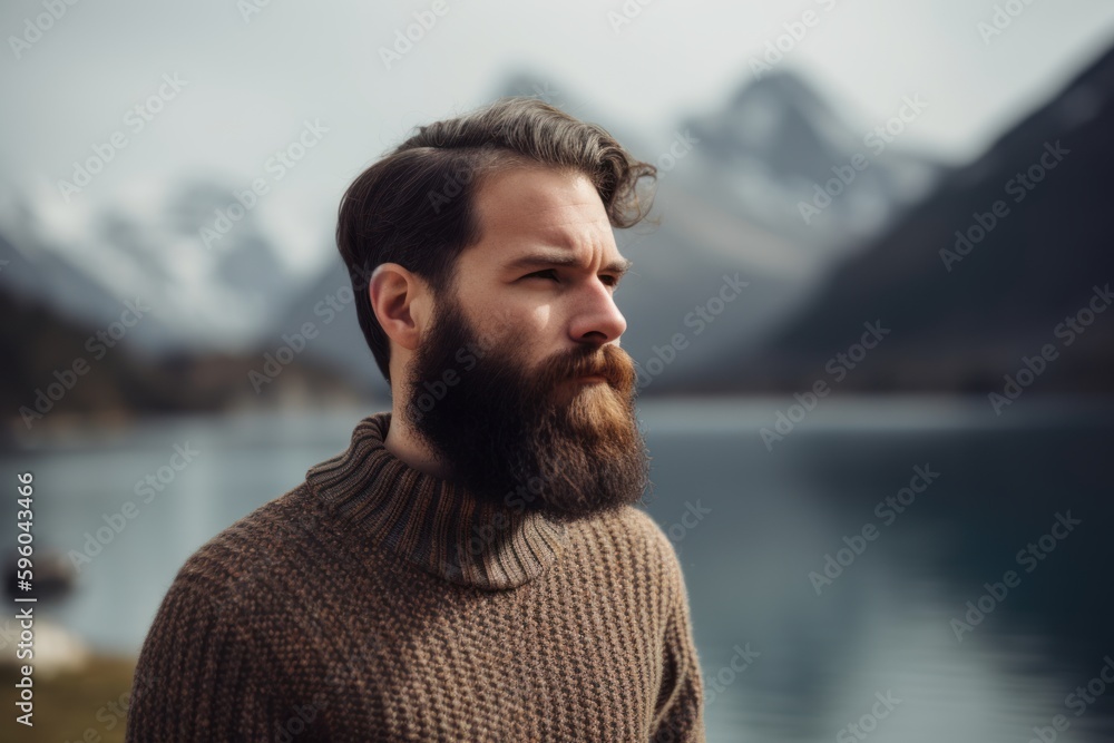 Portrait of a handsome bearded man in a knitted sweater on the background of a mountain lake. Portrait of a handsome bearded man in a knitted sweater on the background of a mountain lake.