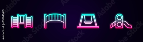 Set line Swedish wall, Playground kids bridge, Swing for and Slide playground. Glowing neon icon. Vector