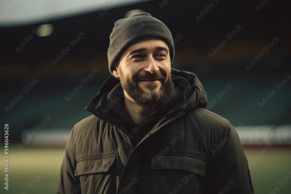 Portrait of a smiling bearded man in a warm jacket and hat standing in the stadium.