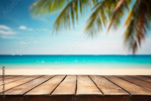 Empty wooden table on a beautiful blured tropical beach background. Summer holiday background for product display © StockSavant