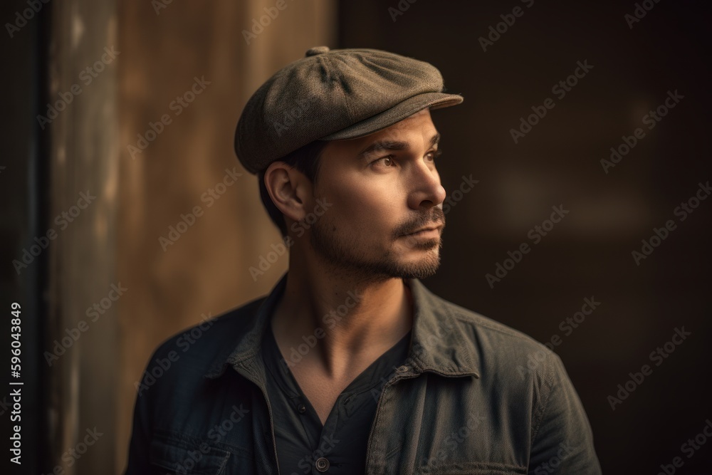 Obraz premium Portrait of a handsome man in a cap on a dark background