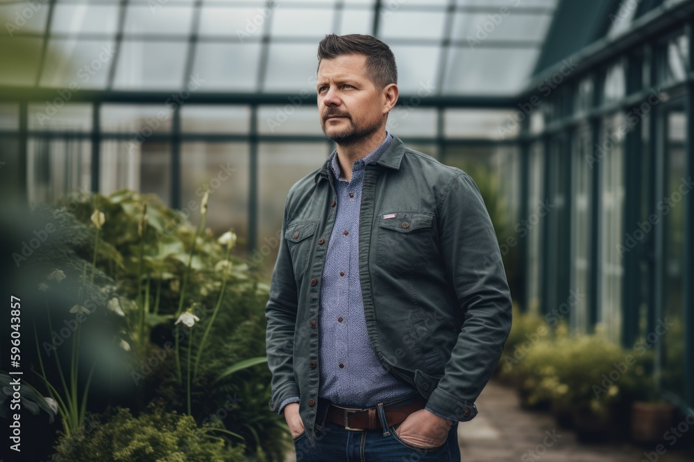 Portrait of a handsome man with beard standing in a greenhouse.