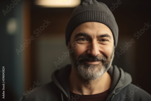 Portrait of a bearded man with gray hair in a hat and sweatshirt
