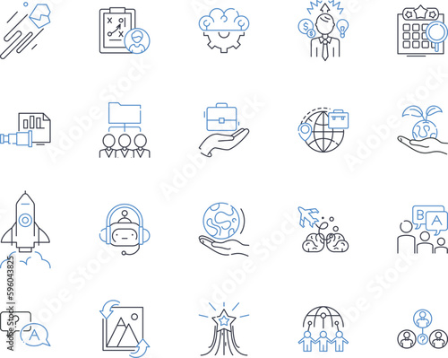 Groundbreaking enterprise line icons collection. Innovation, Disruption, Leadership, Creativity, Piering, Trailblazing, Visionary vector and linear illustration. Progress,Advancement,Evolution outline