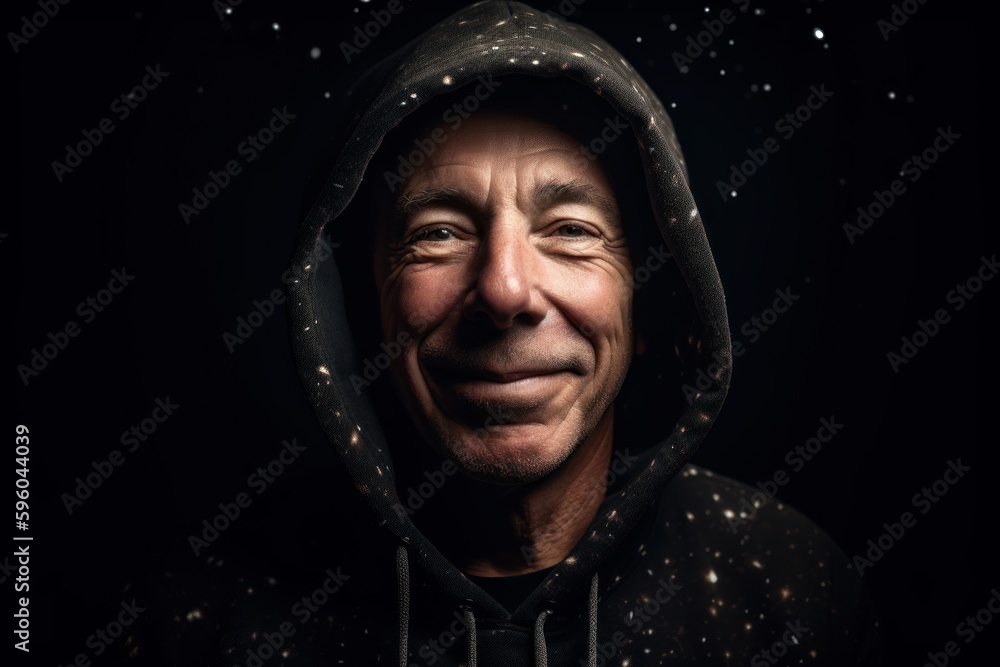 Portrait of a man in a hooded sweatshirt on a black background Portrait of a man in a hooded sweatshirt on a black background