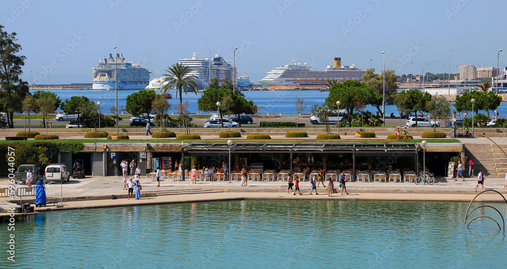Palma, Mallorca - August 5, 2019 : Promenade by the Mediterranean Sea at the Parc de la Mar (