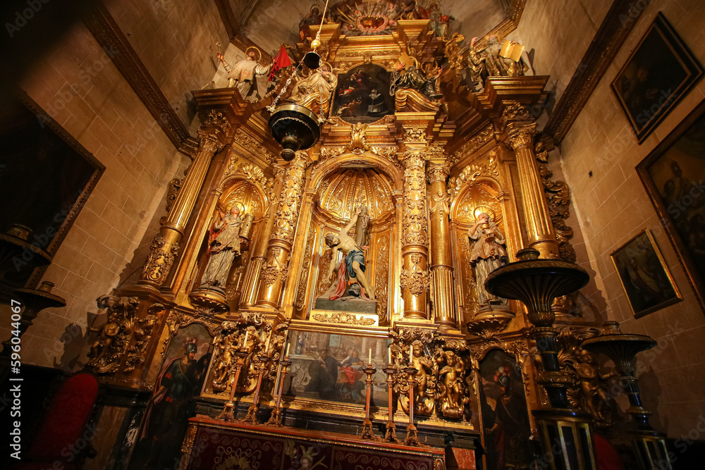 Golden altarpiece in La Seu, the Cathedral of Santa Maria of Palma de Mallorca in the Balearic Islands (Spain) - Medieval gothic cathedral built next to the Mediterranean Sea