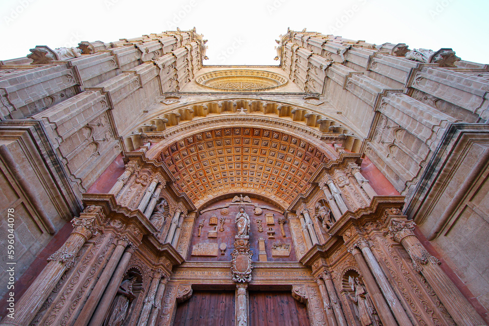 Entrance portal of La Seu, the Cathedral of Santa Maria of Palma de Mallorca in the Balearic Islands (Spain) is a medieval gothic cathedral built next to the Mediterranean Sea