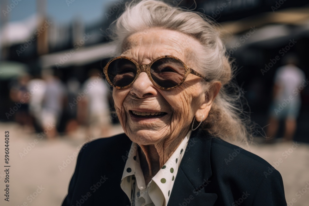 Portrait of an elderly woman in sunglasses on the beach in summer Portrait of an elderly woman in sunglasses on the beach in summer