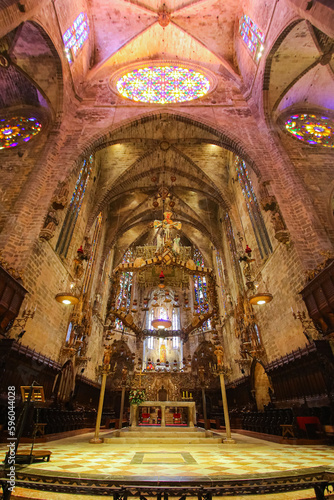 Palma  Mallorca - August 5  2019   Canopy designed by Gaudi above the royal chapel of La Seu  the medieval gothic cathedral of Santa Maria of Palma de Mallorca in the Balearic Islands  Spain 