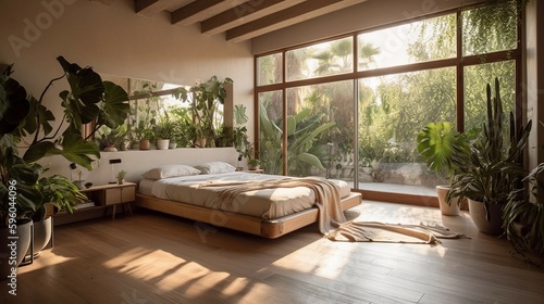 Natural Retreat: Eco-Conscious Bedroom with Abundant Indoor Plants. Ai generative © Andrii