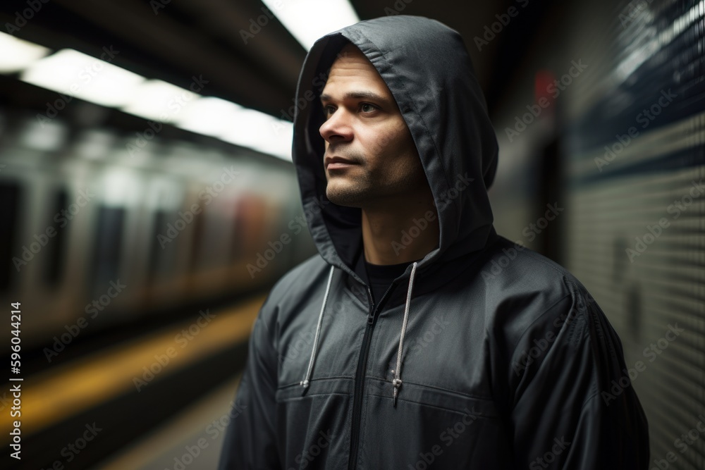 Young man in a black raincoat with hood in the subway station Young man in a black raincoat with hood in the subway station