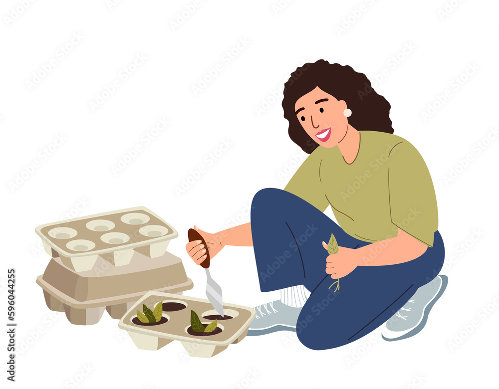 Young Woman gardener Upcycling expended egg box,cutUtilized container to plant seedling, flowers and plants.Recycling , reutilization Reducing Waste concept Flat vector illustration isolated on white Young Woman gardener Upcycling expended egg box,cutUtilized container to plant seedling, flowers and plants.Recycling , reutilization Reducing Waste concept Flat vector illustration isolated on white