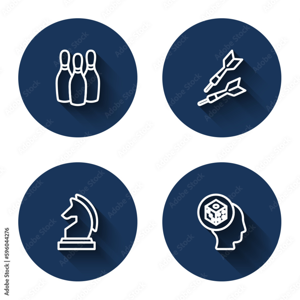 Set line Bowling pin, Dart arrow, Chess and Game dice with long shadow. Blue circle button. Vector Set line Bowling pin, Dart arrow, Chess and Game dice with long shadow. Blue circle button. Vector