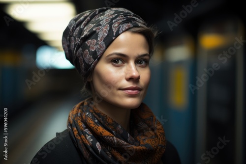 Portrait of a beautiful girl in a headscarf at the subway station