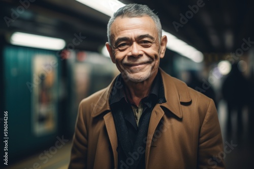 Portrait of a smiling senior man in a subway train station.