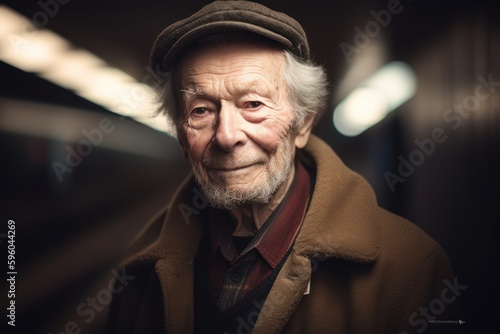 Portrait of an elderly man in a beret in the subway