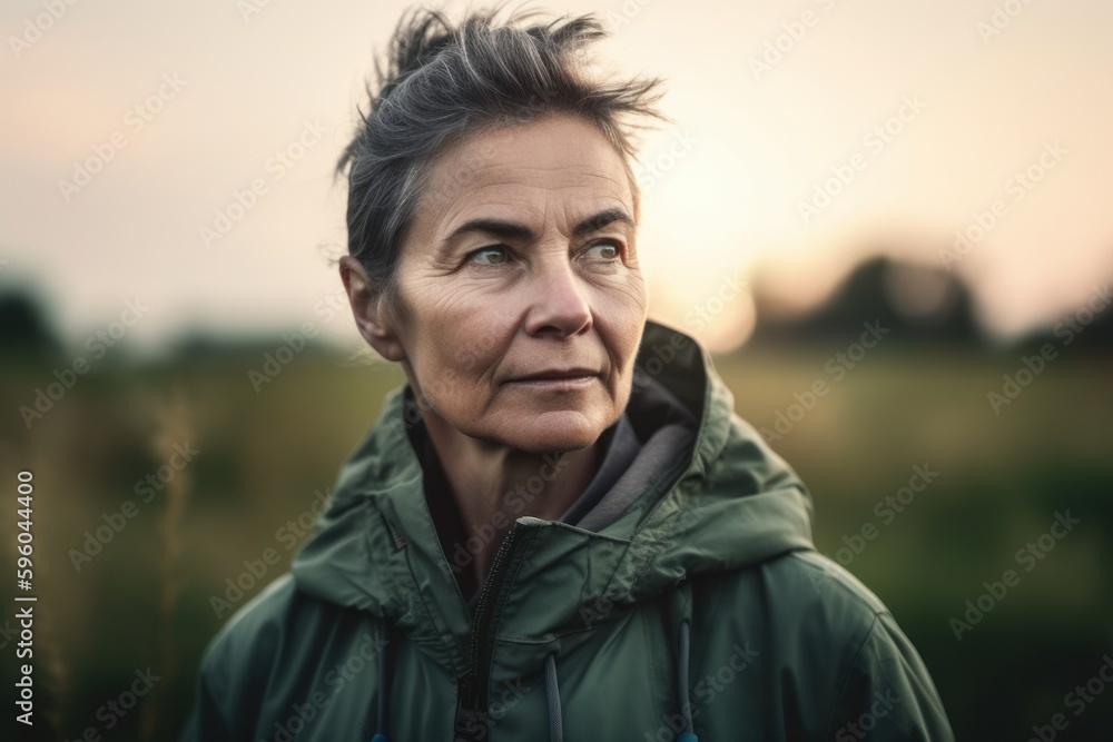 Portrait of a senior woman in a green jacket on the nature.