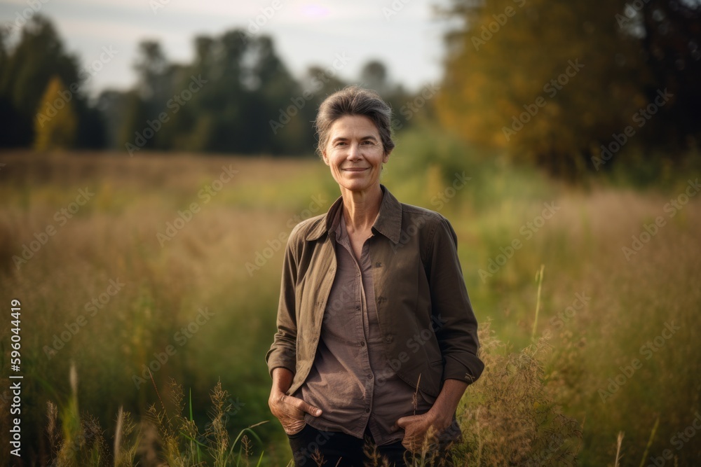 Portrait of a beautiful middle-aged woman in a field.