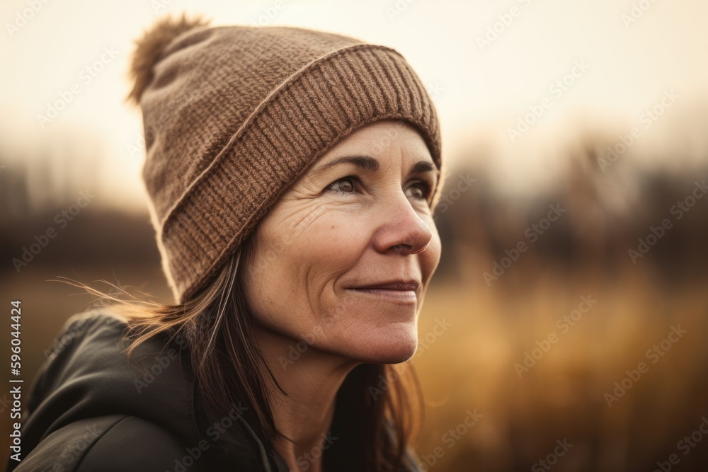 Portrait of a beautiful middle-aged woman in a knitted hat and coat