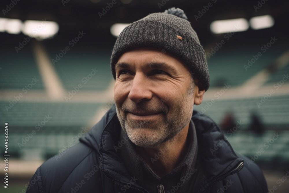 Portrait of a smiling middle-aged man in a hat and jacket on the background of the stadium