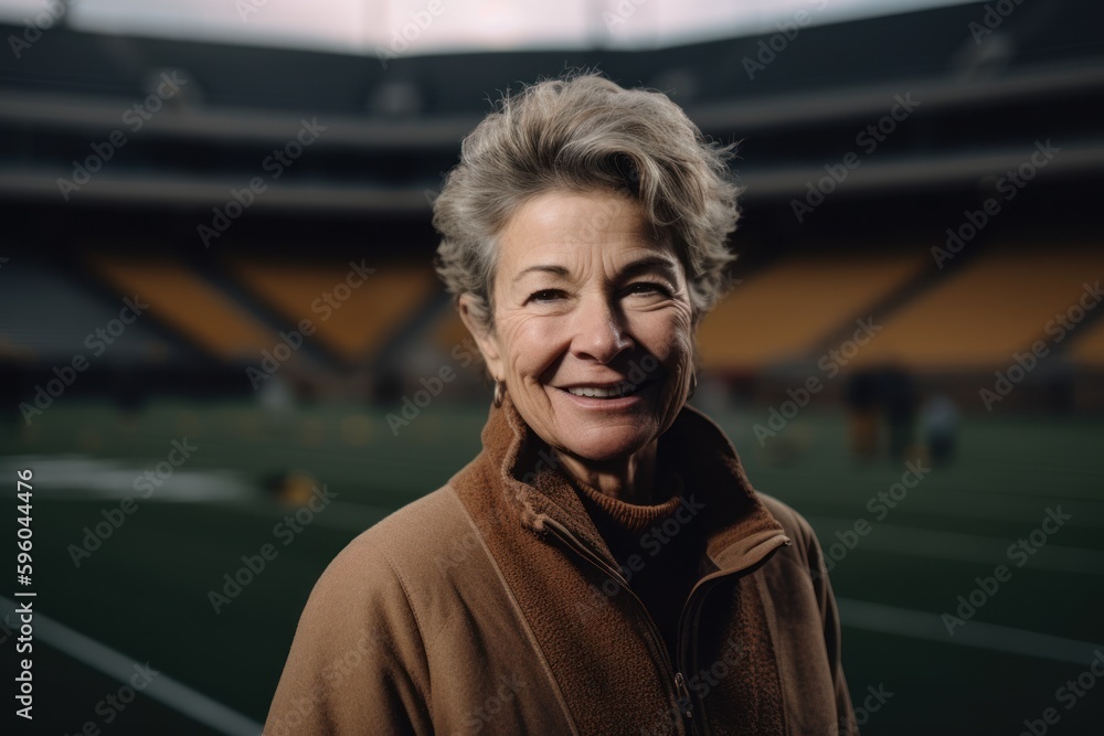Portrait of smiling senior woman looking at camera while standing in stadium Portrait of smiling senior woman looking at camera while standing in stadium