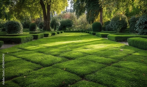 Green mowed lawn in a large garden or in a park, plant care in parks, Landscaping, generative AI